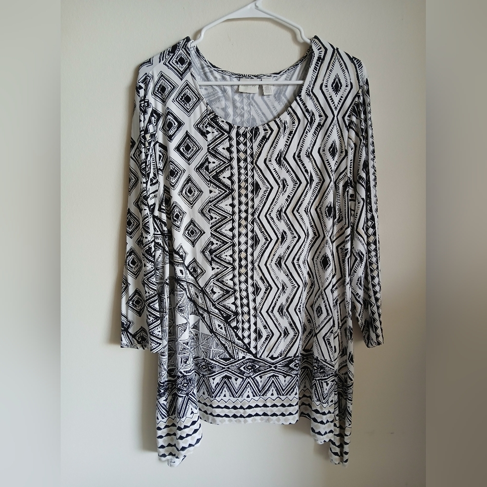 Womens XL Zenergy Tribal Tunic Top Black White Asymmetrical Hem‎ Stretch